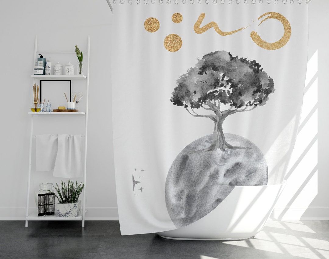 Watercolor Gray Moon Bath Curtain, Planet Tree, Minimal Curtain, Modern Shower Curtain, Scientist Gift, Solar, Galaxy, Kids Bathroom, Planet