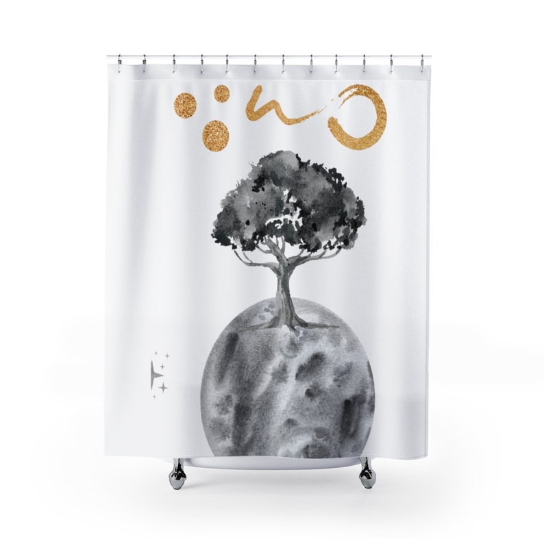 Watercolor Gray Moon Bath Curtain, Planet Tree, Minimal Curtain, Modern Shower Curtain, Scientist Gift, Solar, Galaxy, Kids Bathroom, Planet - Image 2