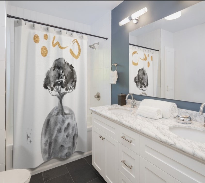 Watercolor Gray Moon Bath Curtain, Planet Tree, Minimal Curtain, Modern Shower Curtain, Scientist Gift, Solar, Galaxy, Kids Bathroom, Planet - Image 3