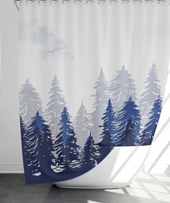 Watercolor Mountain Nature Shower Bath Curtain, Dark Woods Curtain, Farmhouse Mid Century Modern Shower Curtain