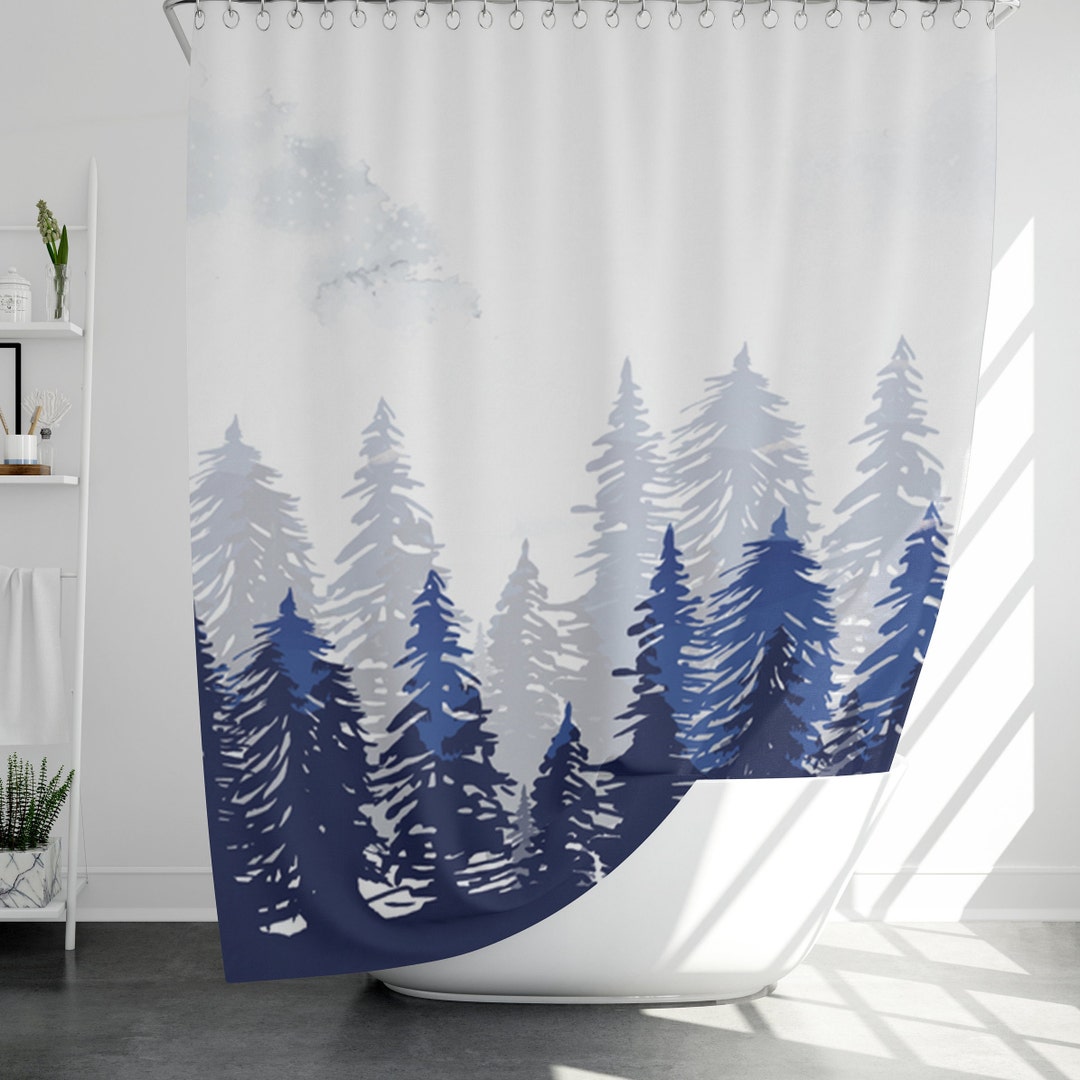 Watercolor Mountain Nature Shower Bath Curtain, Dark Woods Curtain, Farmhouse Mid Century Modern Shower Curtain