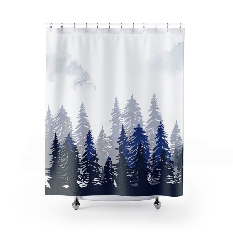 Watercolor Mountain Nature Shower Bath Curtain, Dark Woods Curtain, Farmhouse Mid Century Modern Shower Curtain - Image 2