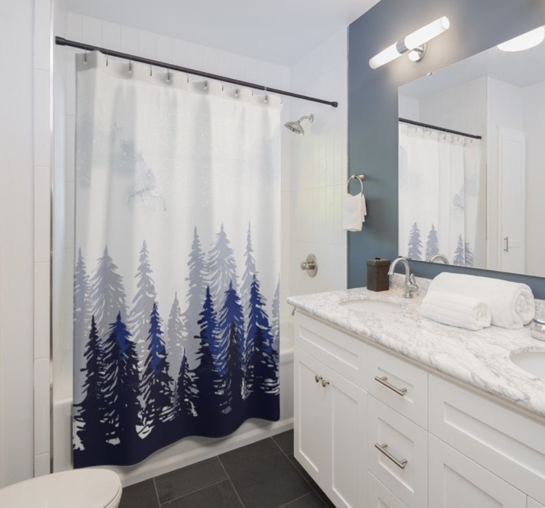 Watercolor Mountain Nature Shower Bath Curtain, Dark Woods Curtain, Farmhouse Mid Century Modern Shower Curtain - Image 3