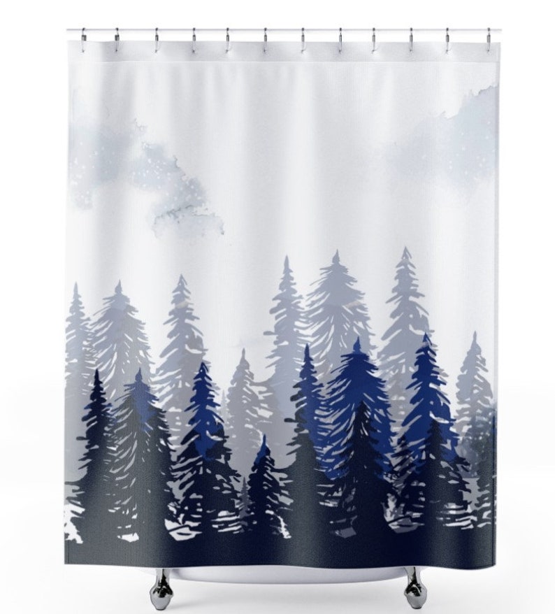 Watercolor Mountain Nature Shower Bath Curtain, Dark Woods Curtain, Farmhouse Mid Century Modern Shower Curtain - Image 4