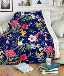 Watercolor Tropical Flower Pattern Sherpa Fleece Blanket Gifts for Family, for Couple