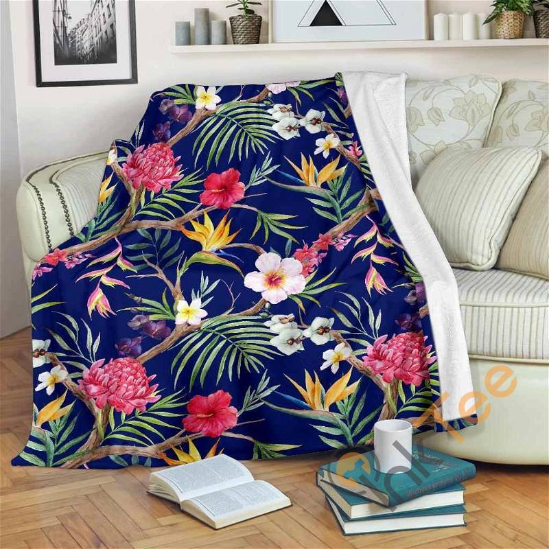 Watercolor Tropical Flower Pattern Sherpa Fleece Blanket Gifts for Family, for Couple