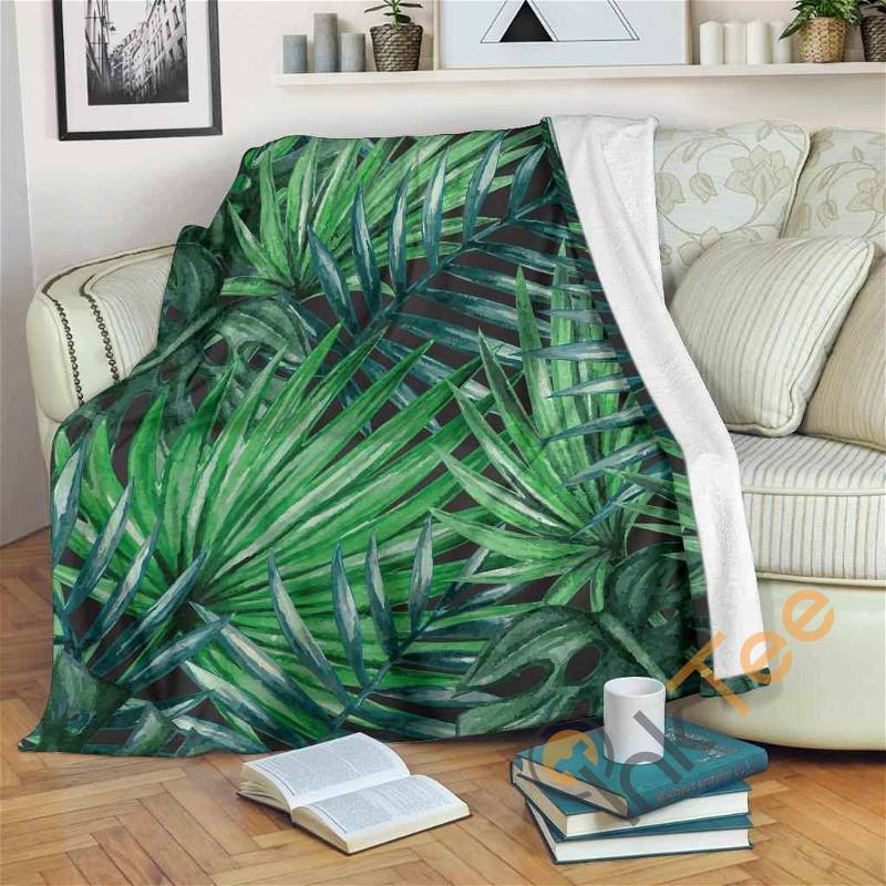 Watercolor Tropical Leaves Pattern Sherpa Fleece Blanket Gifts for Family, for Couple