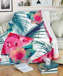 Watermelon Teal Hawaiian Pattern Sherpa Fleece Blanket Gifts for Family, for Couple