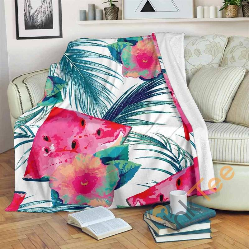 Watermelon Teal Hawaiian Pattern Sherpa Fleece Blanket Gifts for Family, for Couple