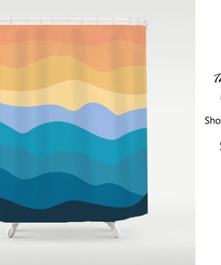 Wavy Orange Shower Curtain, Oil Painting Sky Hills, Waterproof Fabric Shower Curtain