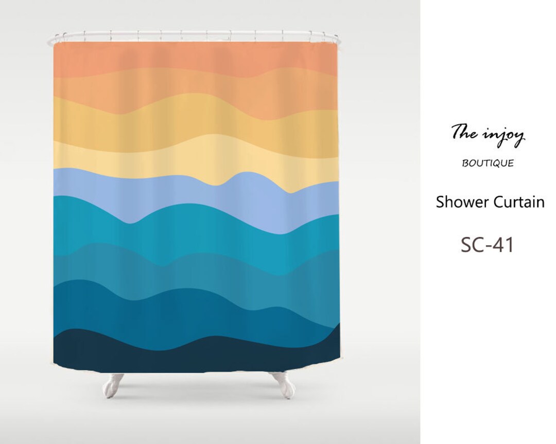 Wavy Orange Shower Curtain, Oil Painting Sky Hills, Waterproof Fabric Shower Curtain