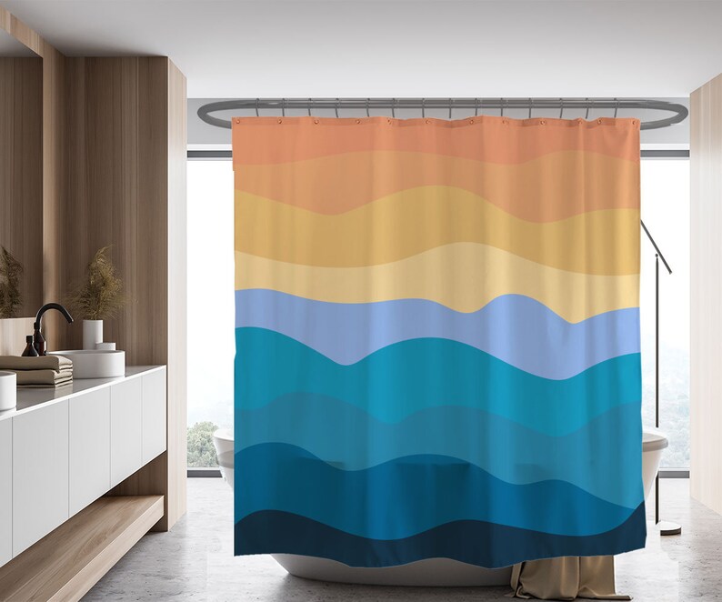 Wavy Orange Shower Curtain, Oil Painting Sky Hills, Waterproof Fabric Shower Curtain - Image 2