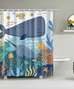 Whale And Fish Shower Curtain, Underwater World Ocean Sea Fishes Corals Starfish, Bathroom Curtain