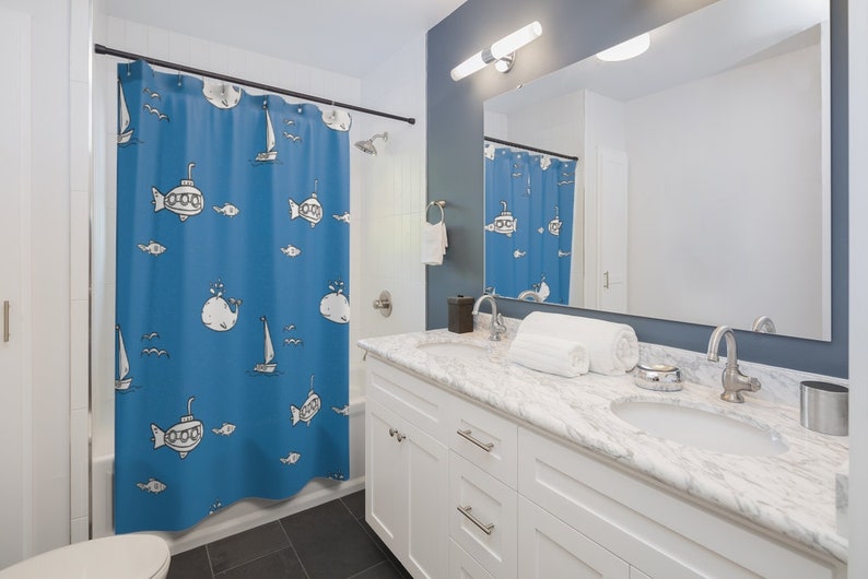 Whale Ocean Sub Nautical Sailboat Theme Shower Curtain - Image 2