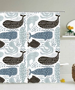 Whales Octopus Shower Curtain, Underwater Marine Mammal Gray Black Whale Graphic Bathroom, Home Bath Decor Accessories