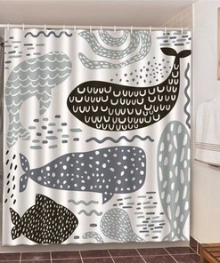 Whales Shower Curtain, Underwater Marine Mammal Gray Black Whale Graphic Bathroom Curtain, Home Bath Decor Accessories