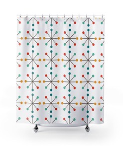 White ATOMIC STARBURST Shower Curtain MCM Bathroom, Modernist, Retro Bathroom, Bathroom Décor, Century Modern, Mod Vintage