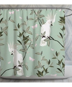 White And Sage Shower Curtains, Cockatoo Sitting On Branches Bathroom Decor, Light Green White And Black Shower Curtains, Bird Print Shower