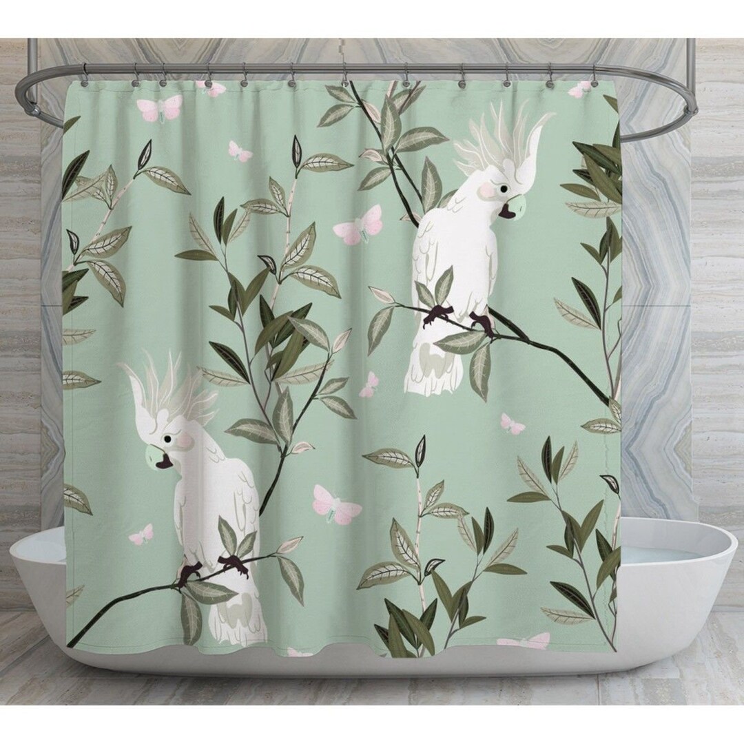White And Sage Shower Curtains, Cockatoo Sitting On Branches Bathroom Decor, Light Green White And Black Shower Curtains, Bird Print Shower