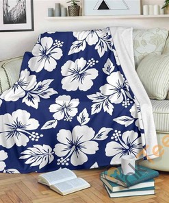 White Blue Hibiscus Floral Pattern Sherpa Fleece Blanket Gifts for Family, for Couple