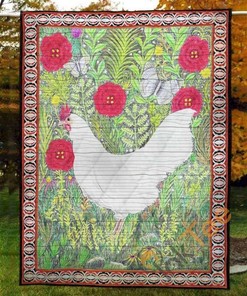 White Chicken In Garden Quilt Blanket Bedding Set
