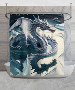 White Dragon Design Shower Curtains, Teenage Boy Room Shower Curtain, Light Blue And White Decor, Fantasy Theme Bathroom, Cool Gamer Gift