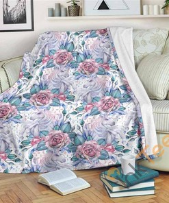 White Fairy Rose Unicorn Pattern Sherpa Fleece Blanket Gifts for Family, for Couple