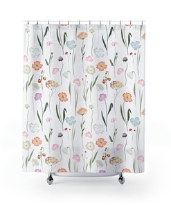 White Floral Shower Curtain, Cute Shower Curtain, Shower Curtain Boho, Vintage Shower Curtain, Botanical, Farmhouse Chic Shower Curtain