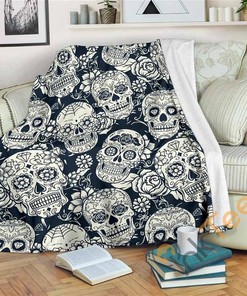 White Floral Sugar Skull Pattern Sherpa Fleece Blanket Gifts for Family, for Couple