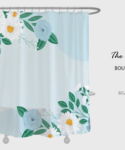 White Flowers Shower Curtain For Bathroom, Floral Plant Blue Home Decor, Waterproof Washable Bath Curtain