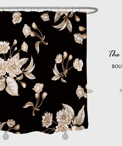 White Flowers Shower Curtain, Noble Retro Black Waterproof And Washable Shower Curtains Decor