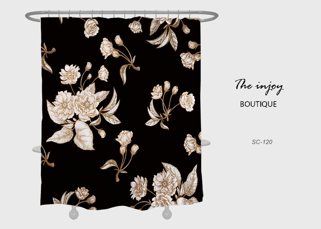 White Flowers Shower Curtain, Noble Retro Black Waterproof And Washable Shower Curtains Decor