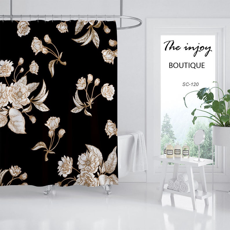 White Flowers Shower Curtain, Noble Retro Black Waterproof And Washable Shower Curtains Decor - Image 2
