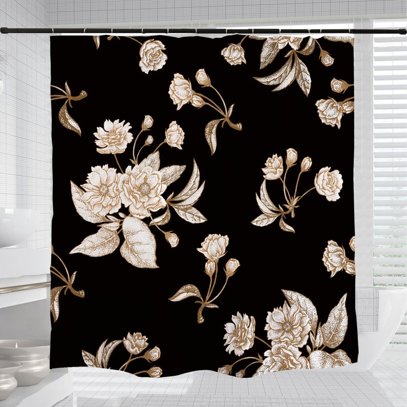 White Flowers Shower Curtain, Noble Retro Black Waterproof And Washable Shower Curtains Decor - Image 3