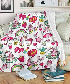 White Girly Unicorn Pattern Sherpa Fleece Blanket Gifts for Family, for Couple