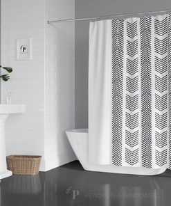 White Herringbone Shower Curtain, Modern Minimalist Bath Curtain, Boho Chic Bathroom Decor