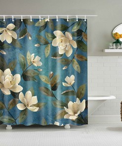White Magnolia Shower Curtain, Floral Flowers Blue Fabric Bathroom Curtain Accessories