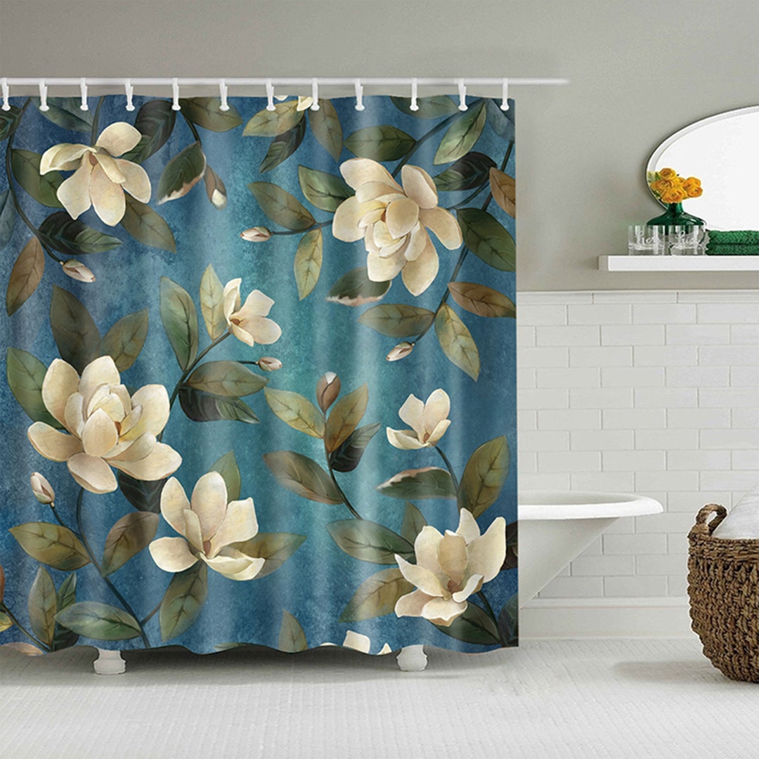White Magnolia Shower Curtain, Floral Flowers Blue Fabric Bathroom Curtain Accessories
