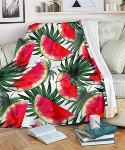 White Palm Leaf Watermelon Pattern Sherpa Fleece Blanket Gifts for Family, for Couple