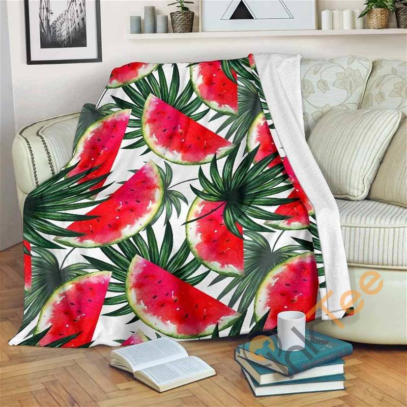 White Palm Leaf Watermelon Pattern Sherpa Fleece Blanket Gifts for Family, for Couple
