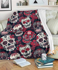 White Red Sugar Skull Pattern Sherpa Fleece Blanket Gifts for Family, for Couple