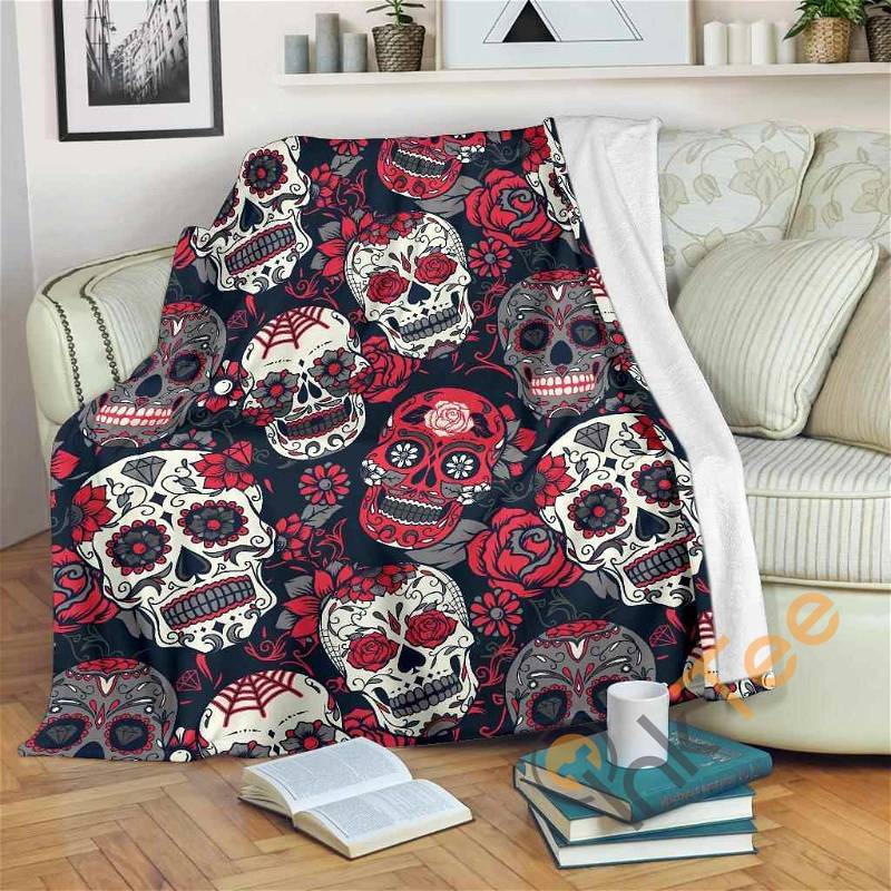 White Red Sugar Skull Pattern Sherpa Fleece Blanket Gifts for Family, for Couple