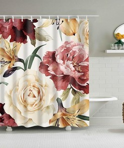 White Rose Red Peony Shower Curtain, Floral Flowers Fabric Bathroom Curtain, Bath Accessories