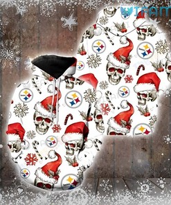 White Steelers Hoodie 3D Skull In Santa Hat Pittsburgh Steelers Gift