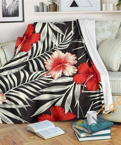 White Tropical Hibiscus Pattern Sherpa Fleece Blanket Gifts for Family, for Couple