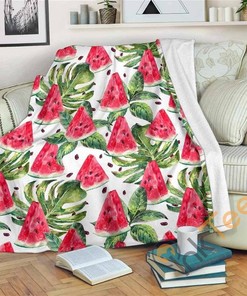 White Tropical Watermelon Pattern Sherpa Fleece Blanket Gifts for Family, for Couple