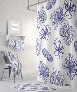 White and Blue Octopus Shower Curtain, Octopus Bathroom Decor