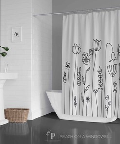 Wildflowers Shower Curtain, Botanical Flowers Bath Curtain, Floral Bohemian Black And White Bathroom Decor For Women And Girls
