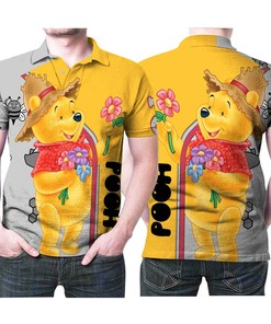 Winnie The Pooh Picking Flower Lovely Bear 3D All Over Print Polo Shirt