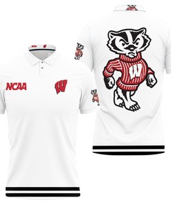 Wisconsin Badgers Ncaa Classic White With Mascot Logo 3D All Over Print Polo Shirt